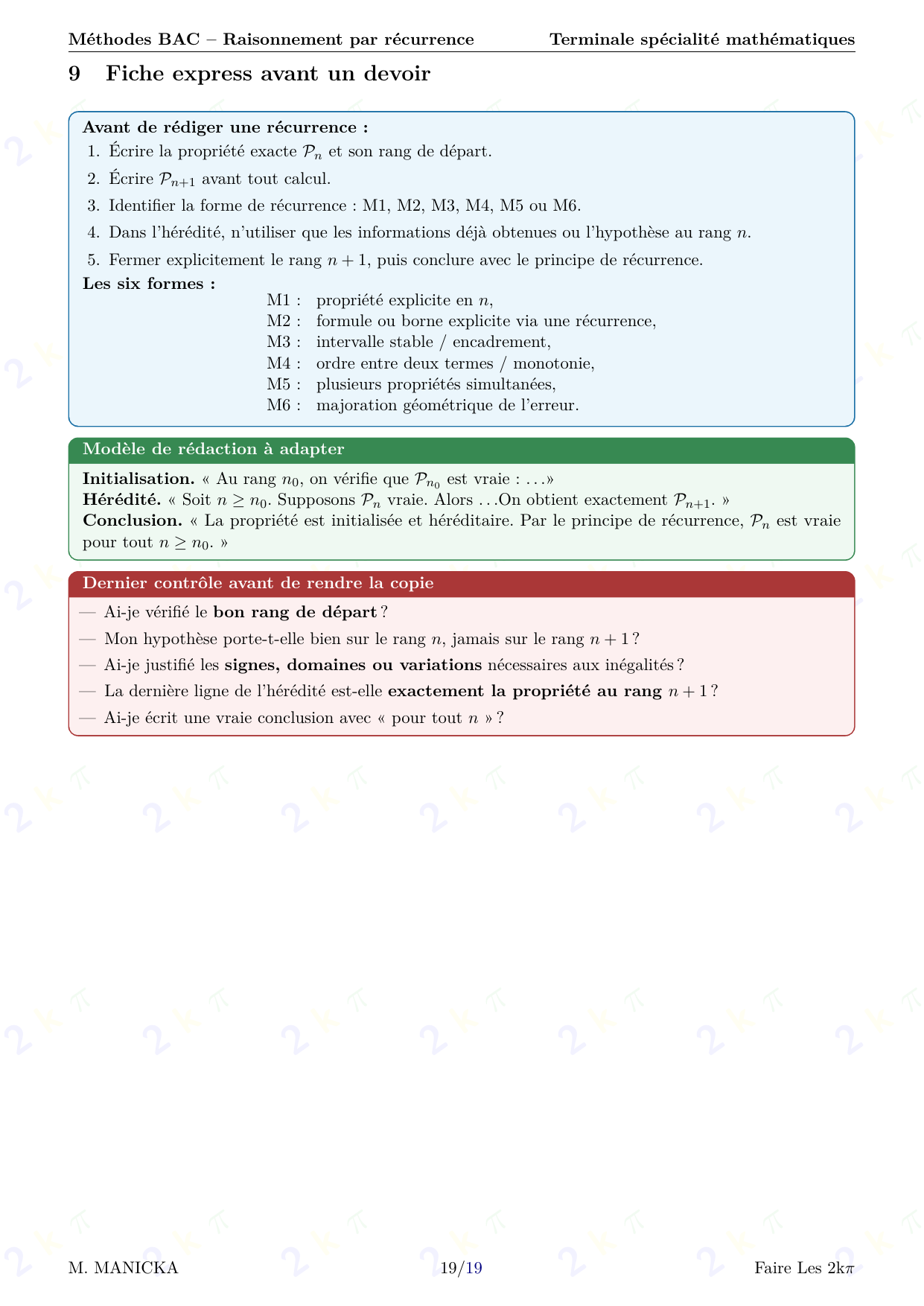 Méthodes BAC — Raisonnement par récurrence — page 19 sur 19